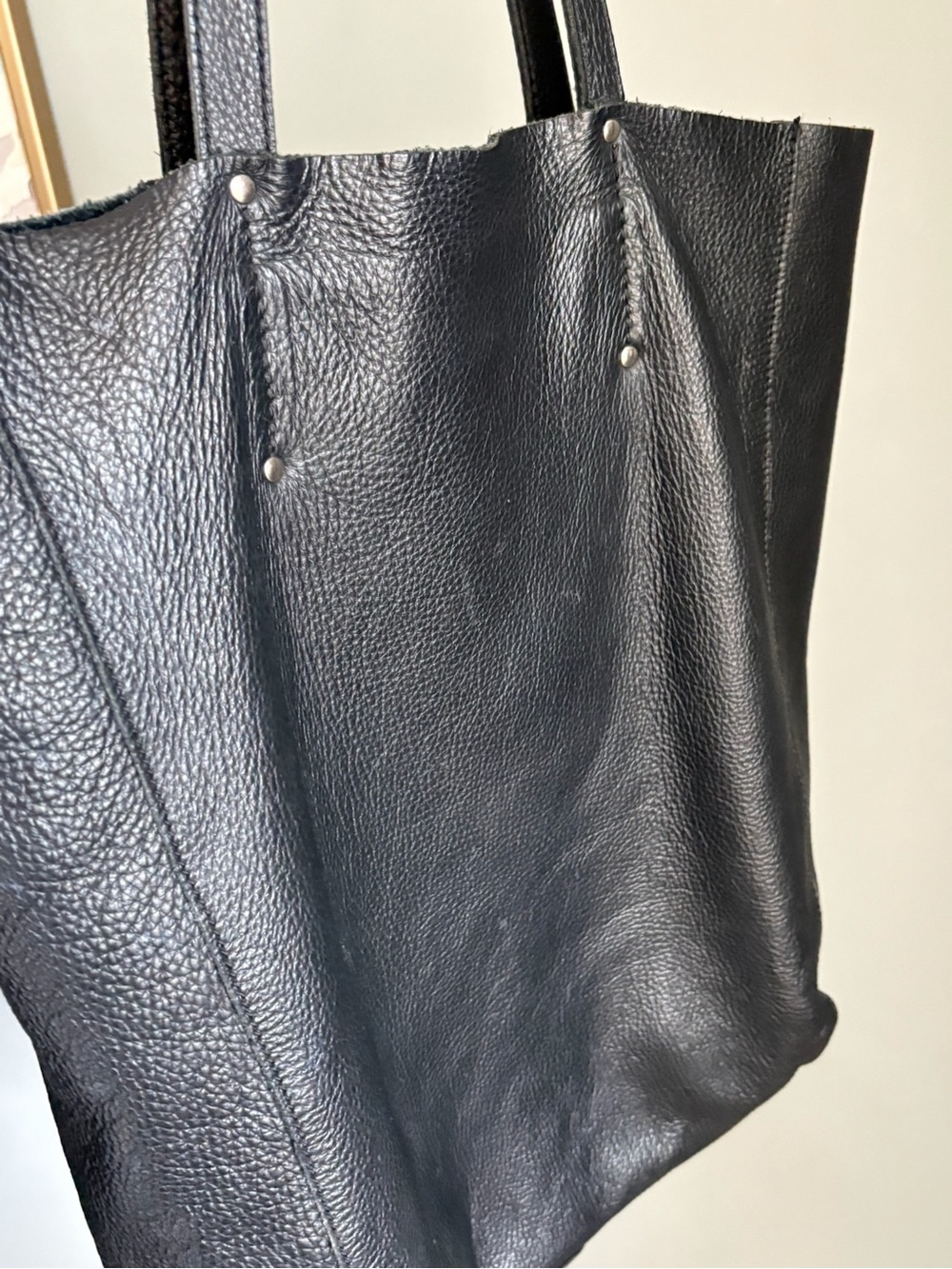 Roots Canada Black Leather Market Tote Bag Made In Canada Raw Edge - Picture 3 of 9